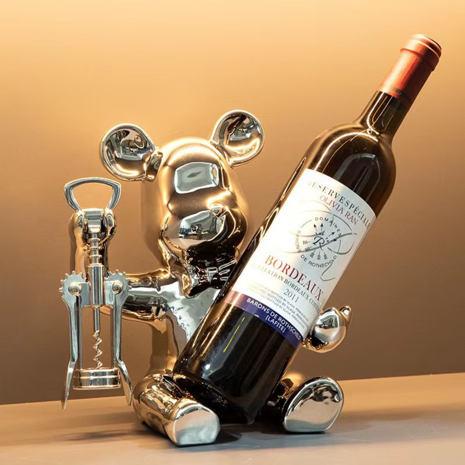 Sacacorcho Destapador Y Soporte Botellas Figura Oso Plateado