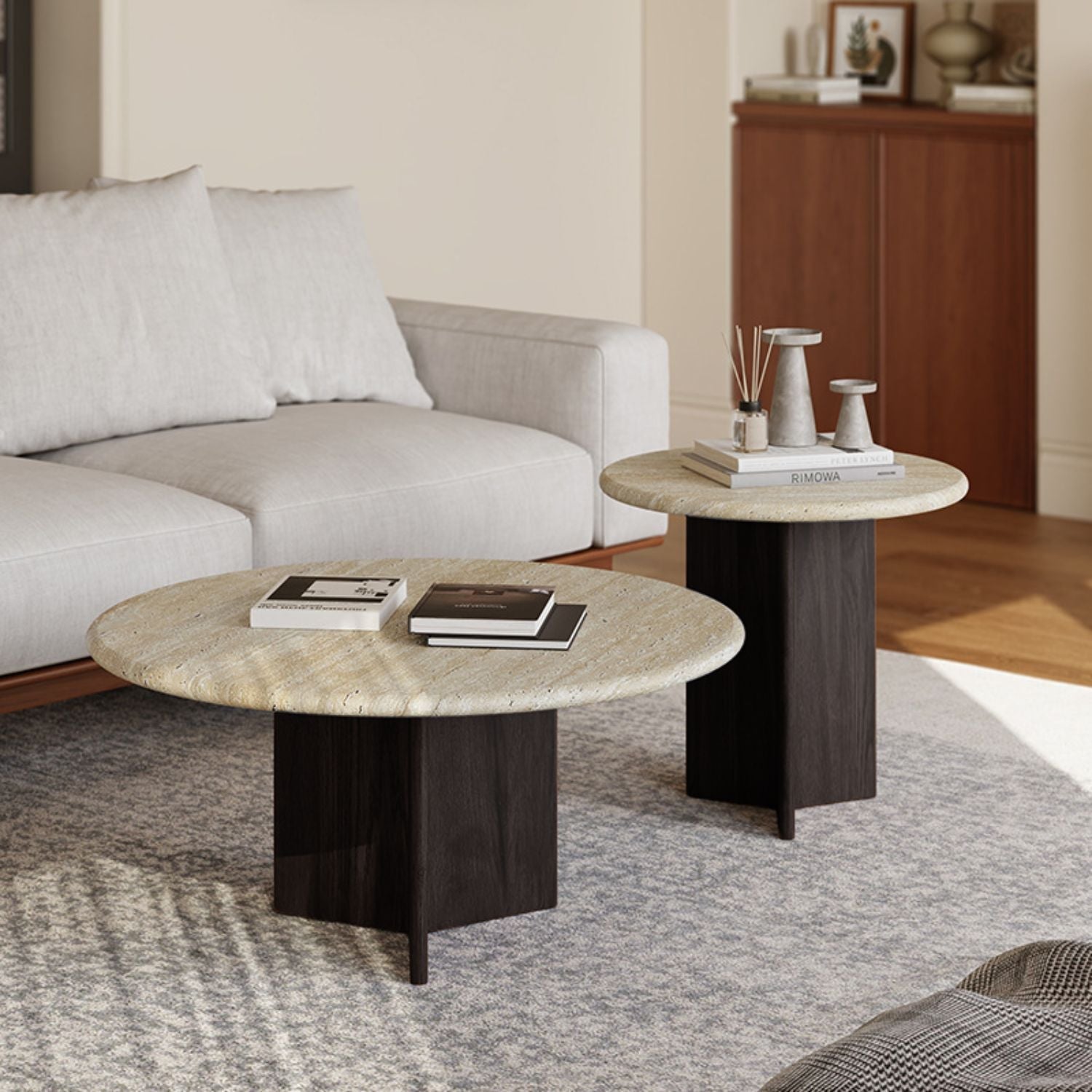 Mesa De Centro Doble Travertino Tono Wengue