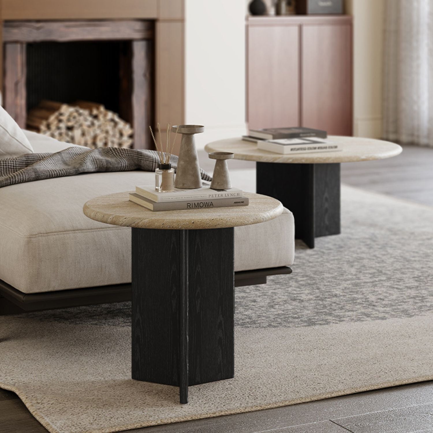Mesa De Centro Doble Travertino Tono Wengue
