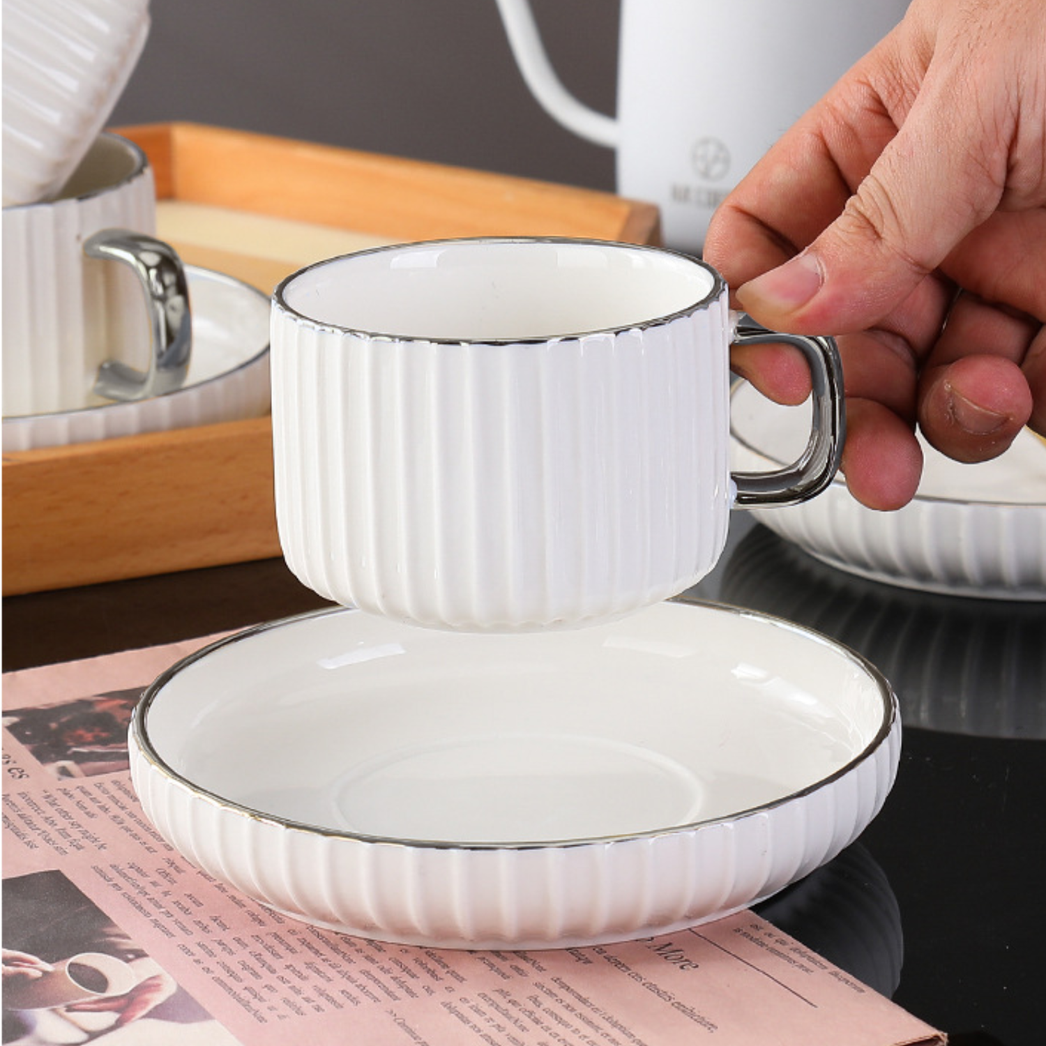 Juego De Té Café Set De Tazas Y Platos Con Soporte Plateado Blanco
