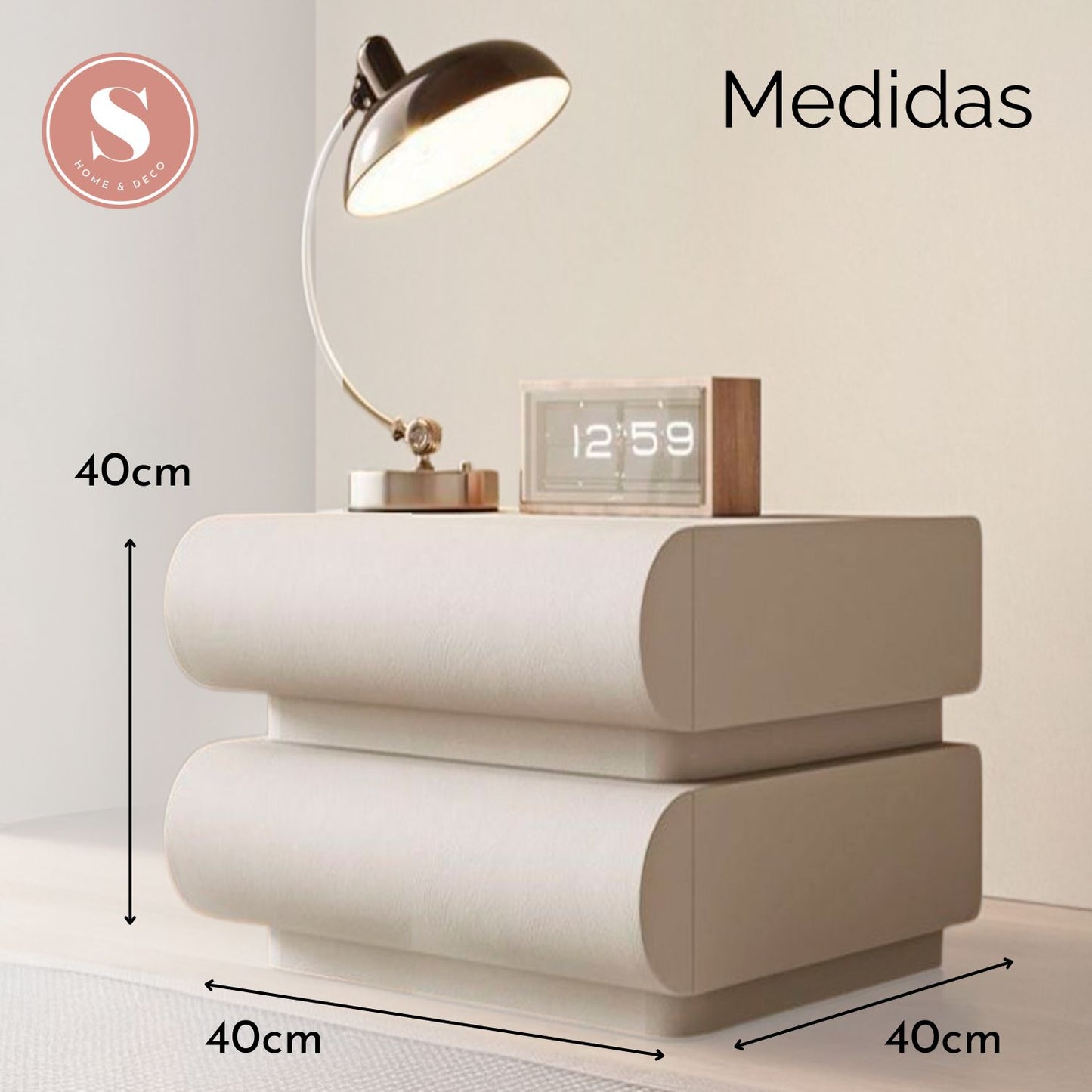 Velador Minimalista Beige Doble Cajon