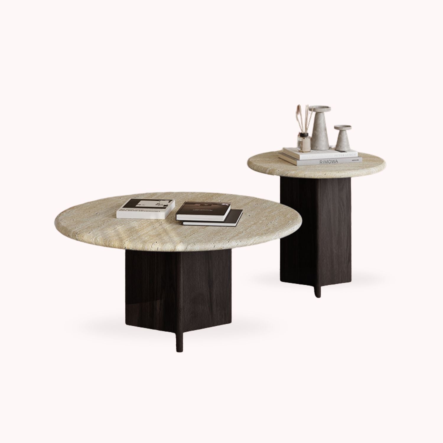 Mesa De Centro Doble Travertino Tono Wengue