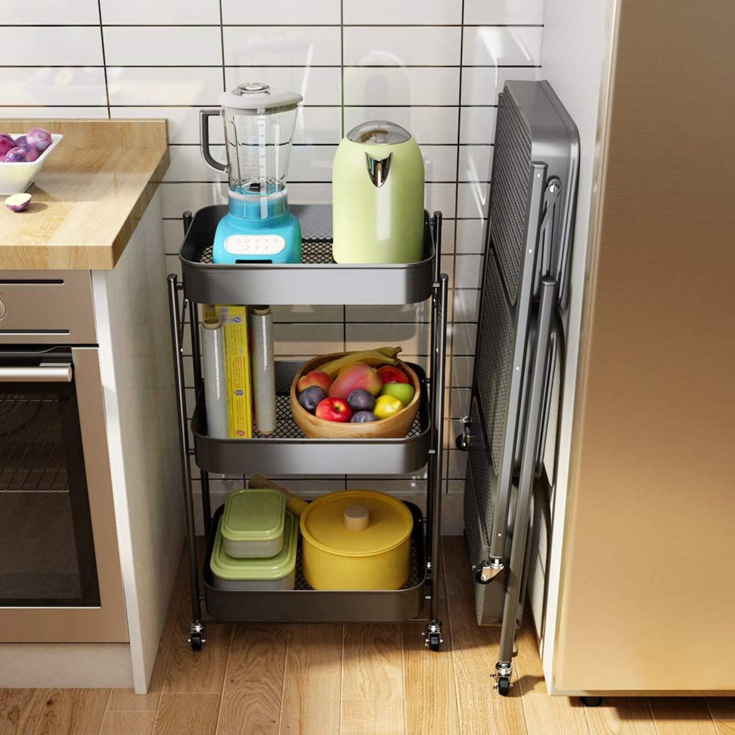 Carrito Organizador Plegable de 3 Niveles Negro