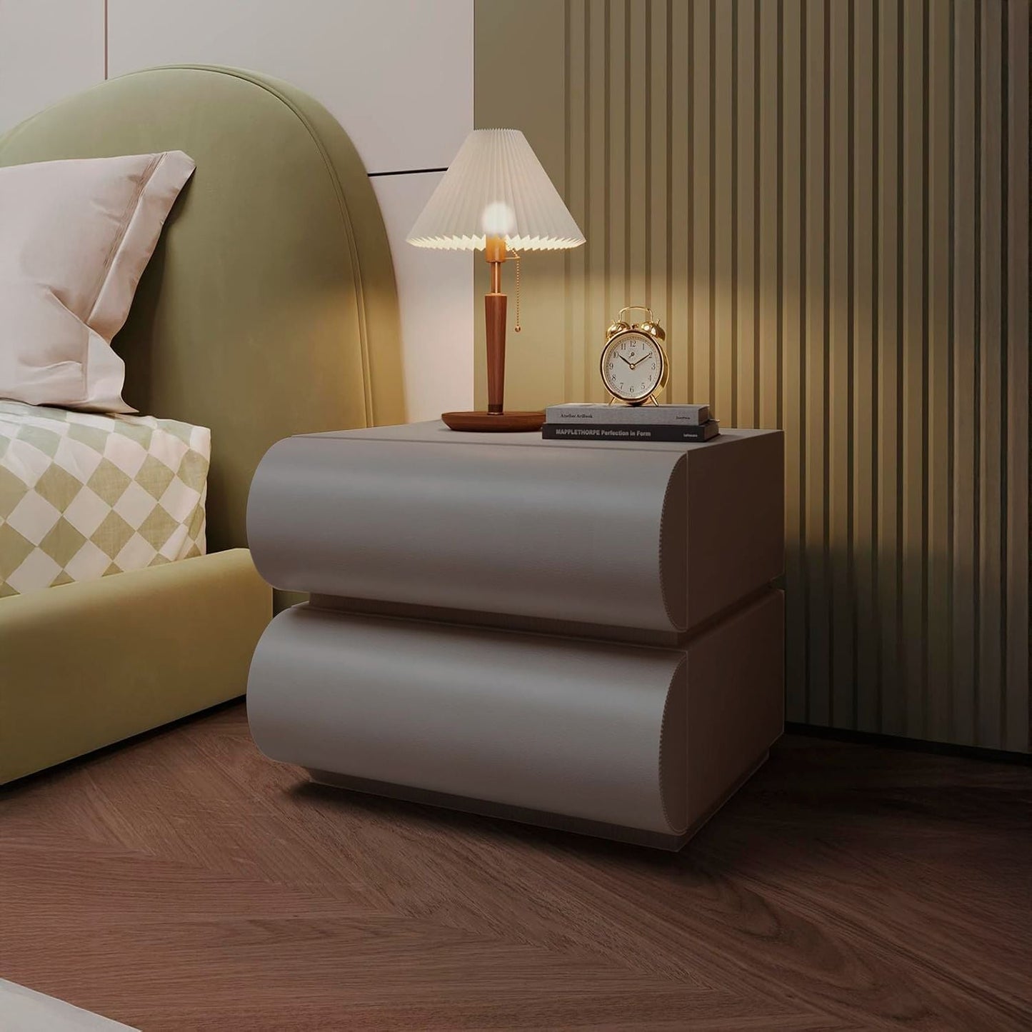 Velador Minimalista Gris Claro Doble Cajon