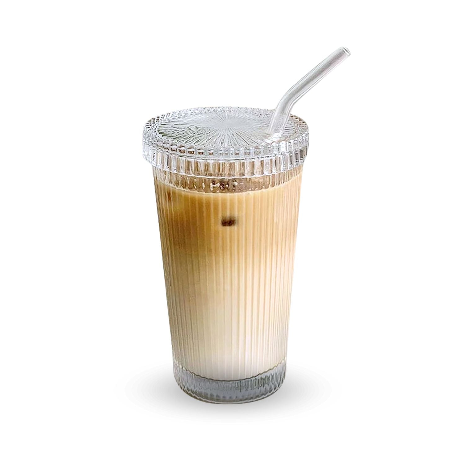 Vaso Vidrio con Bombilla y Tapa Líneas 380ml
