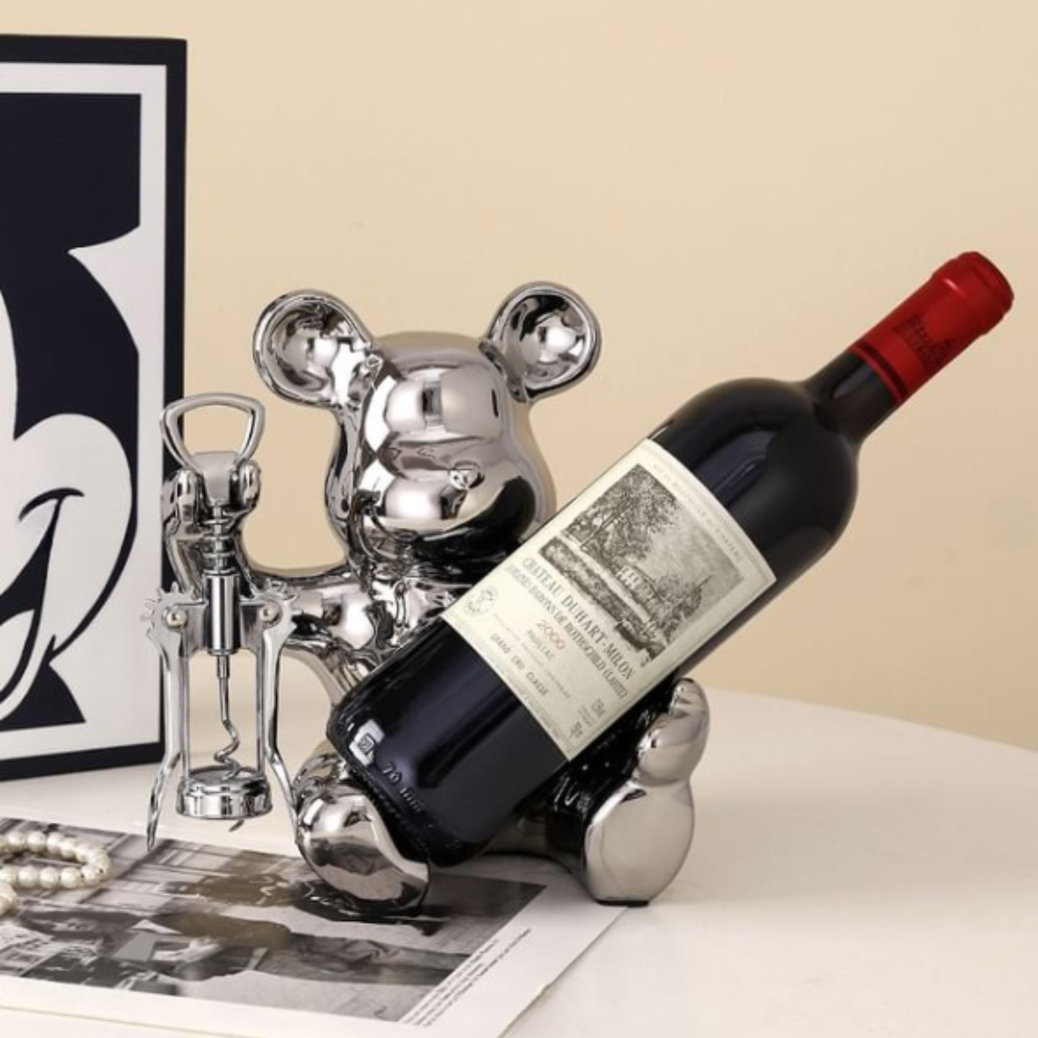 Sacacorcho Destapador Y Soporte Botellas Figura Oso Plateado