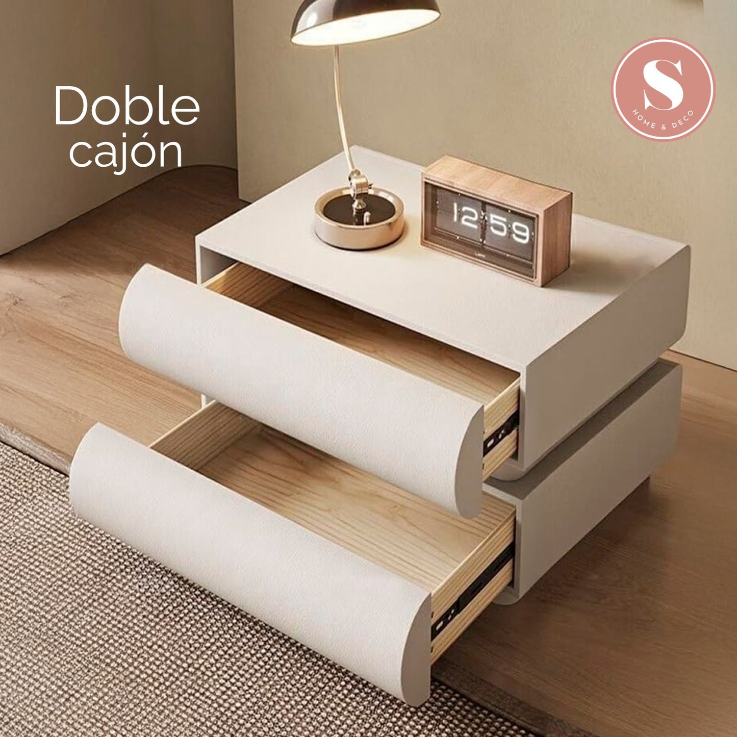 Velador Minimalista Beige Doble Cajon