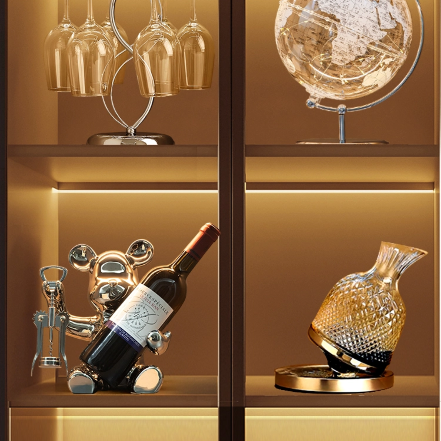 Sacacorcho Destapador Y Soporte Botellas Figura Oso Plateado