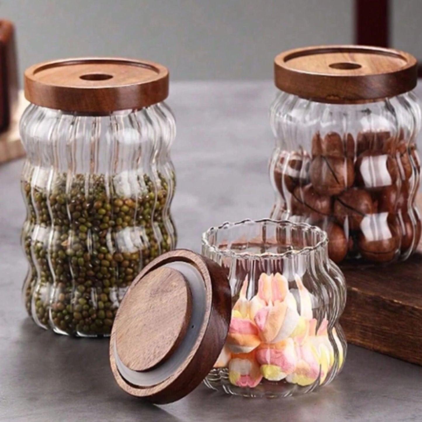 Frascos de Vidrio Tapa Madera y Ondas Set 3un