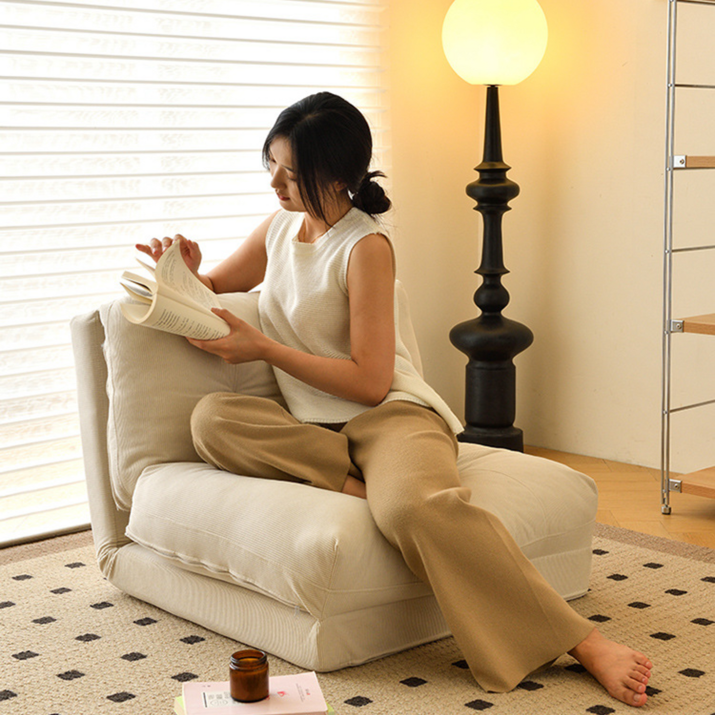 Sofá Cama Plegable Tela Crema