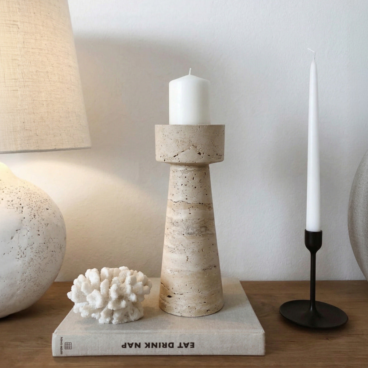 Candelabro Portavelas Mármol Travertino Torre Grande