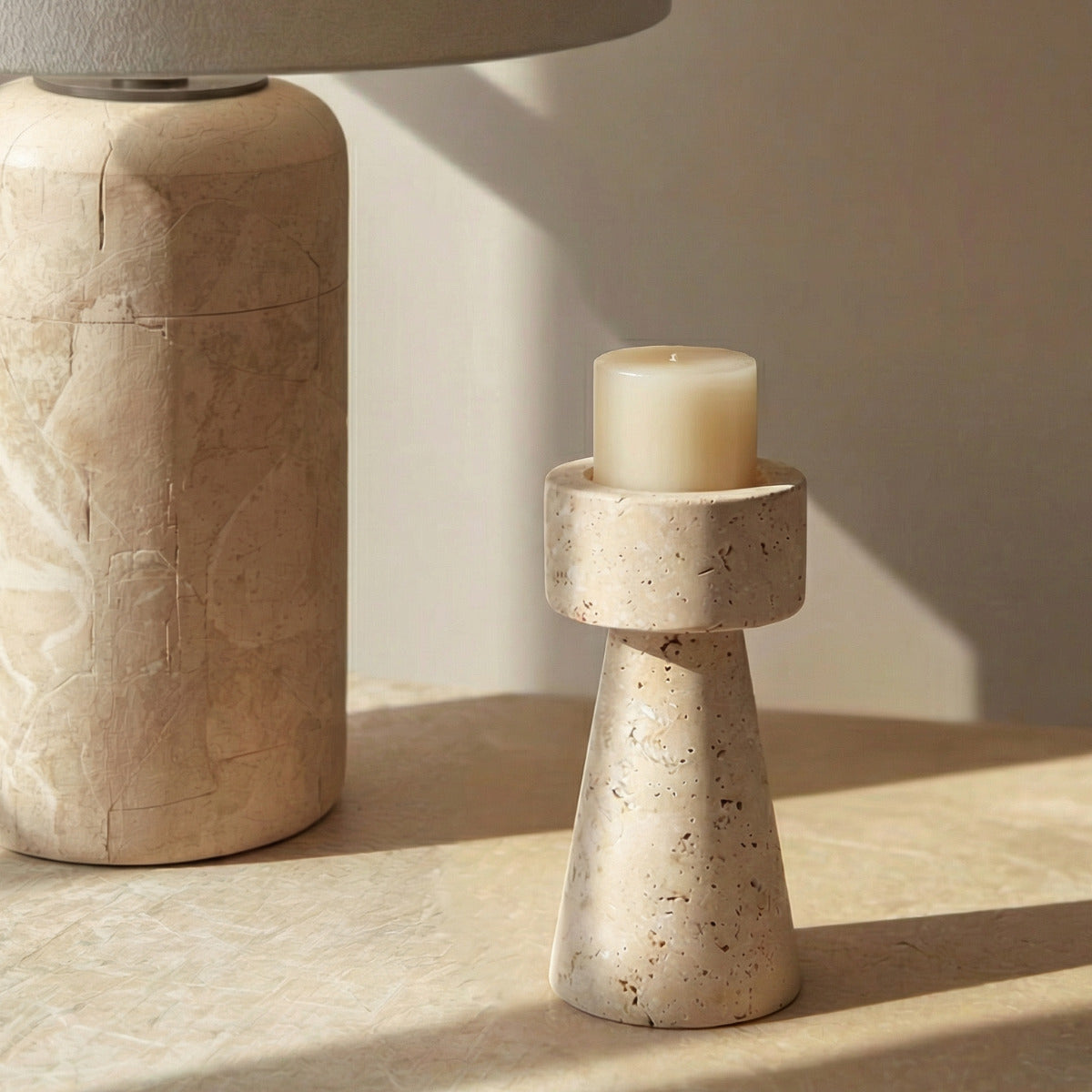 Candelabro Portavelas Mármol Travertino Torre Pequeño