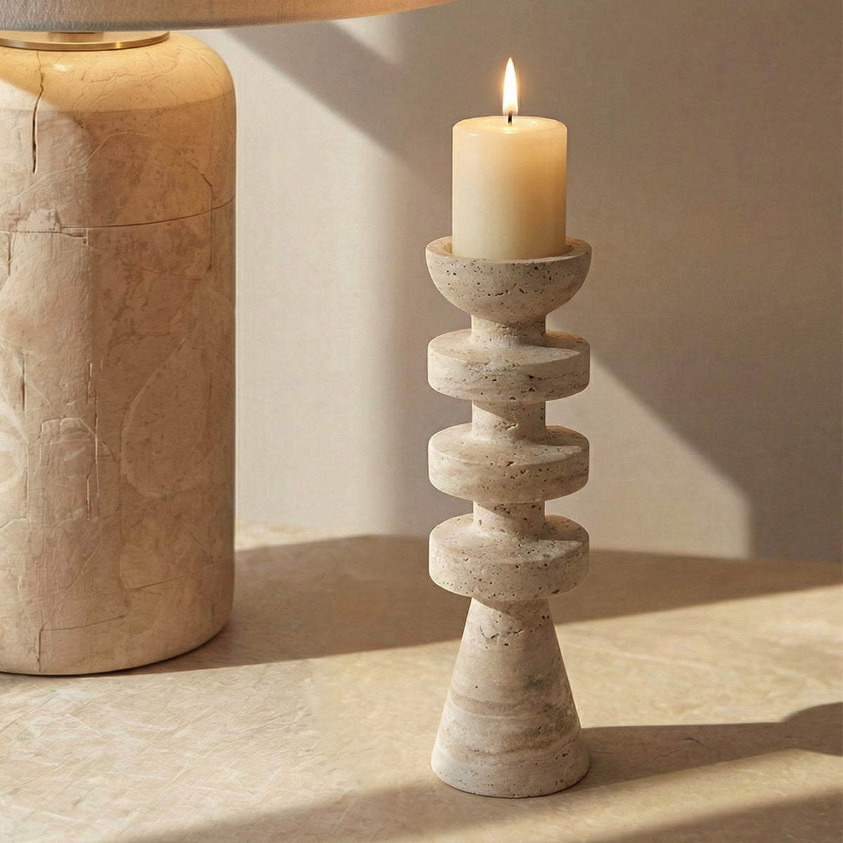 Candelabro Torre Alfil Figura Decorativa Travertino Grande