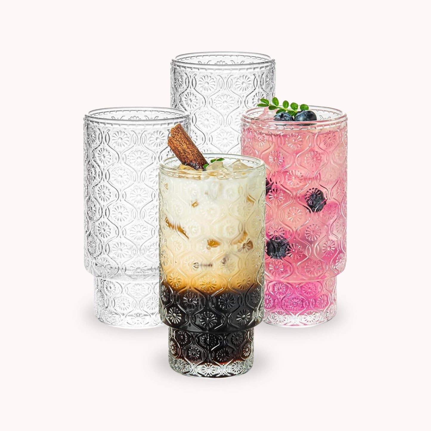 Set de 4 Vasos de vidrio Flor Begonia de 280 ml.
