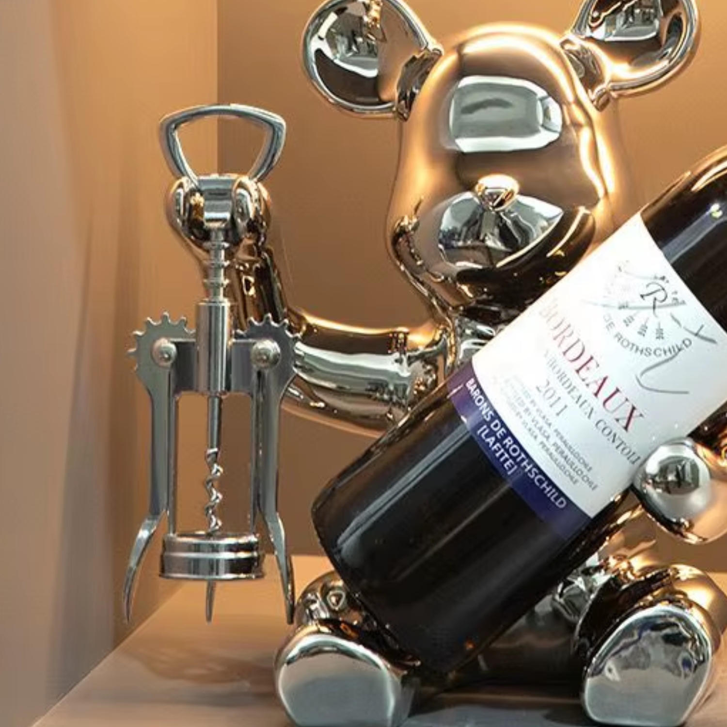 Sacacorcho Destapador Y Soporte Botellas Figura Oso Plateado