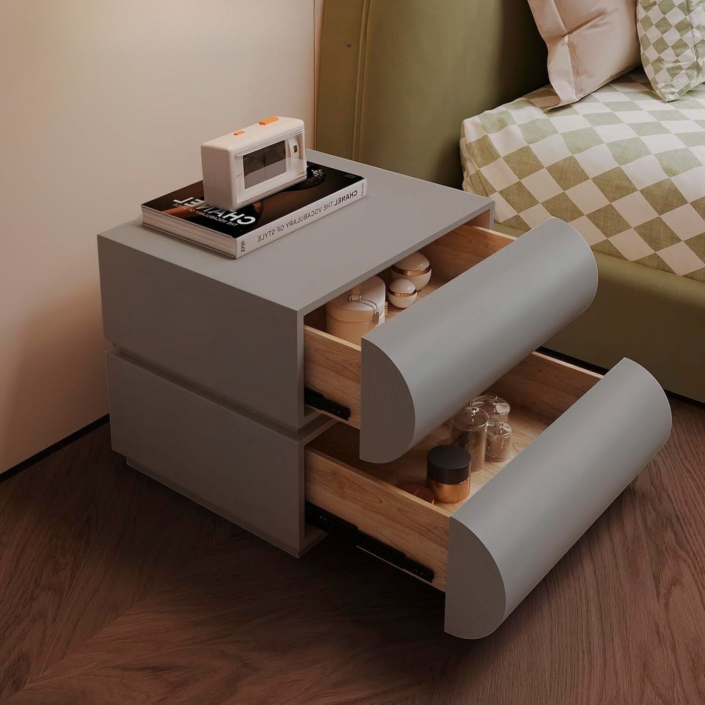 Velador Minimalista Gris Claro Doble Cajon