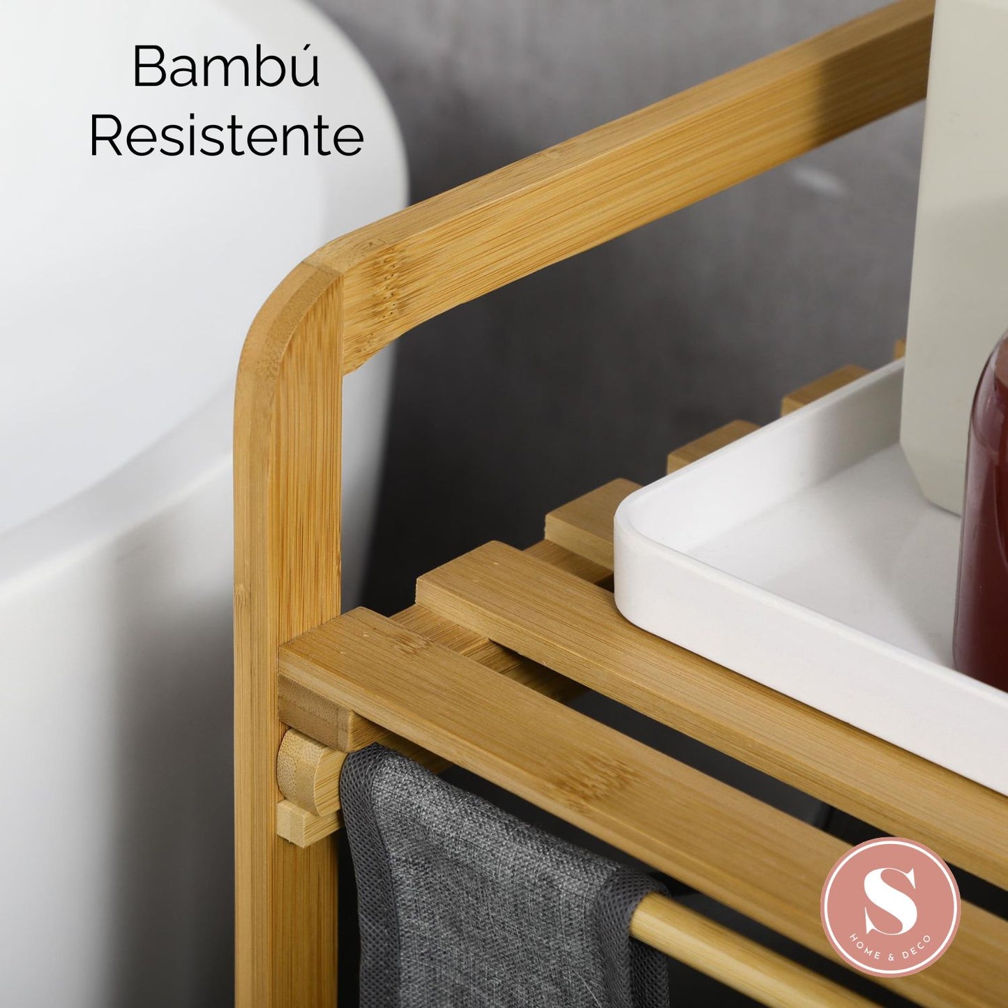 Cesto Lavandería Estante Doble Bambú para Ropa Gris