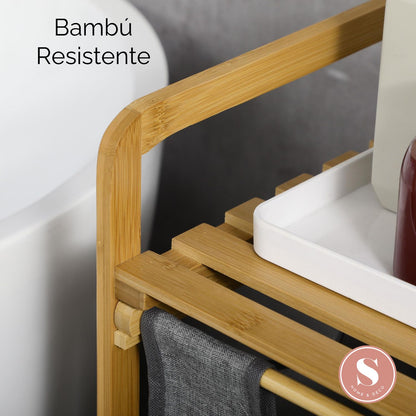 Cesto Lavandería Estante Doble Bambú para Ropa Gris