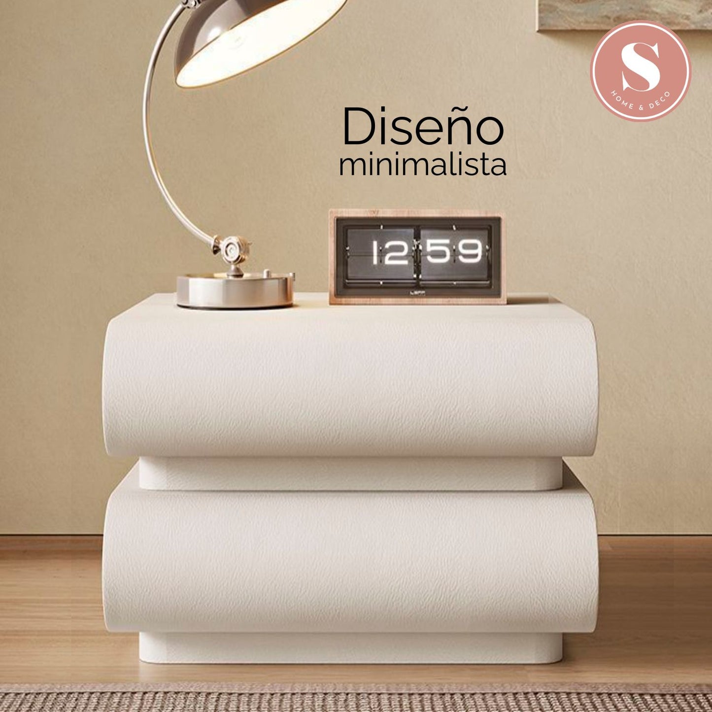 Velador Minimalista Beige Doble Cajon
