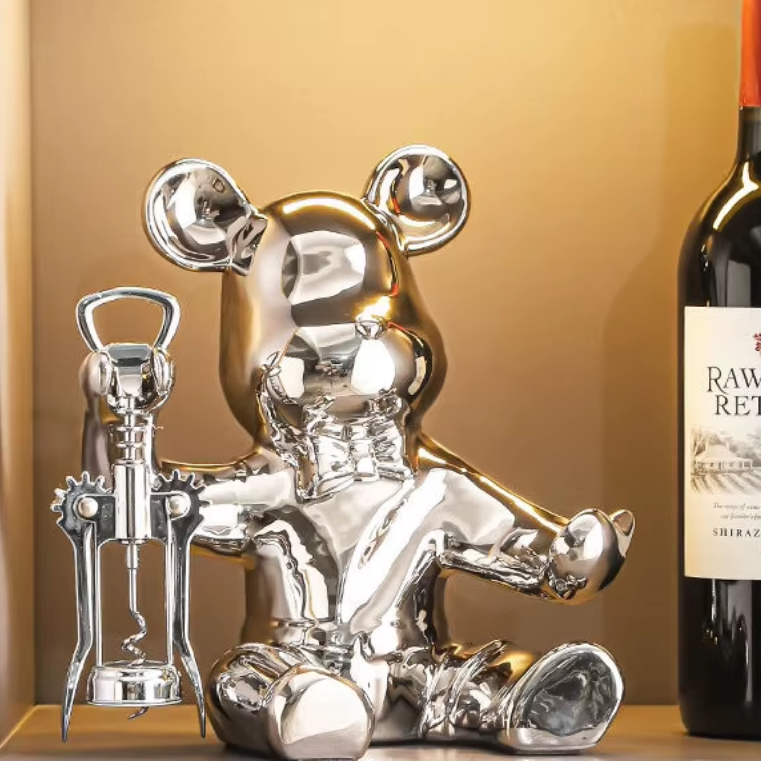 Sacacorcho Destapador Y Soporte Botellas Figura Oso Plateado