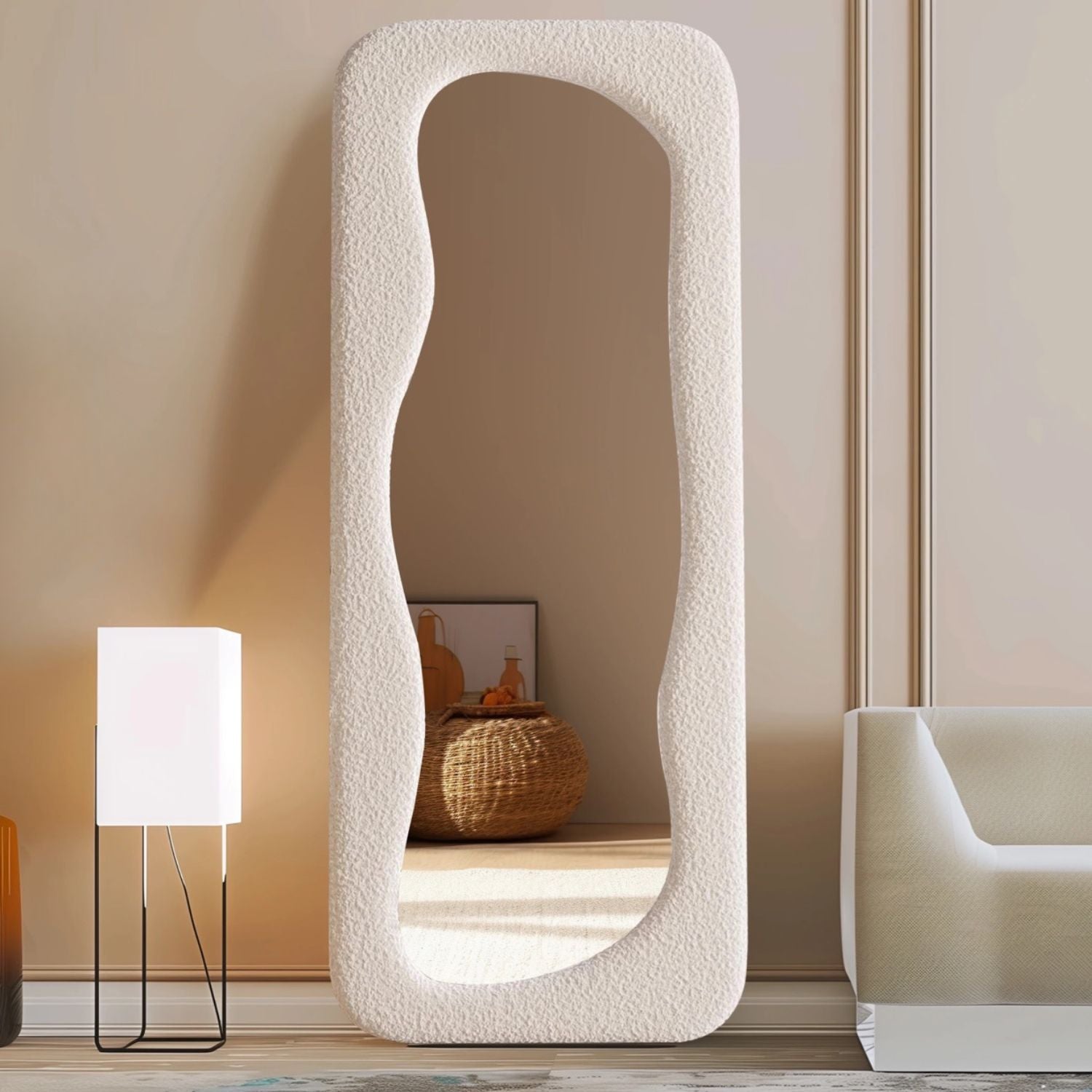 Espejo Blanco Cuerpo Entero Estilo Bouclé 180x80cm