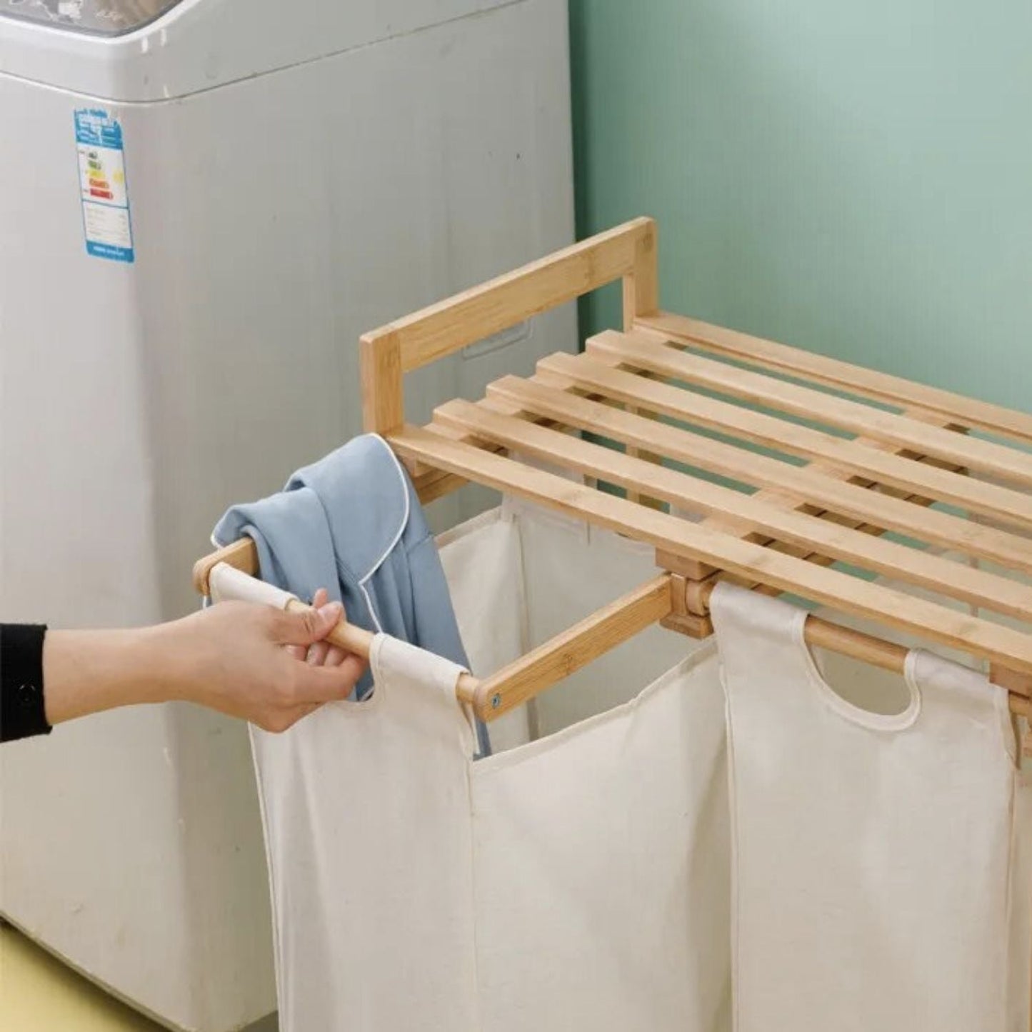 Cesto Lavandería Doble Bambú para Ropa Beige