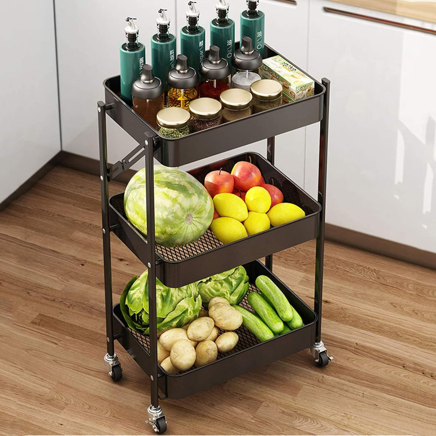 Carrito Organizador Plegable de 3 Niveles Negro