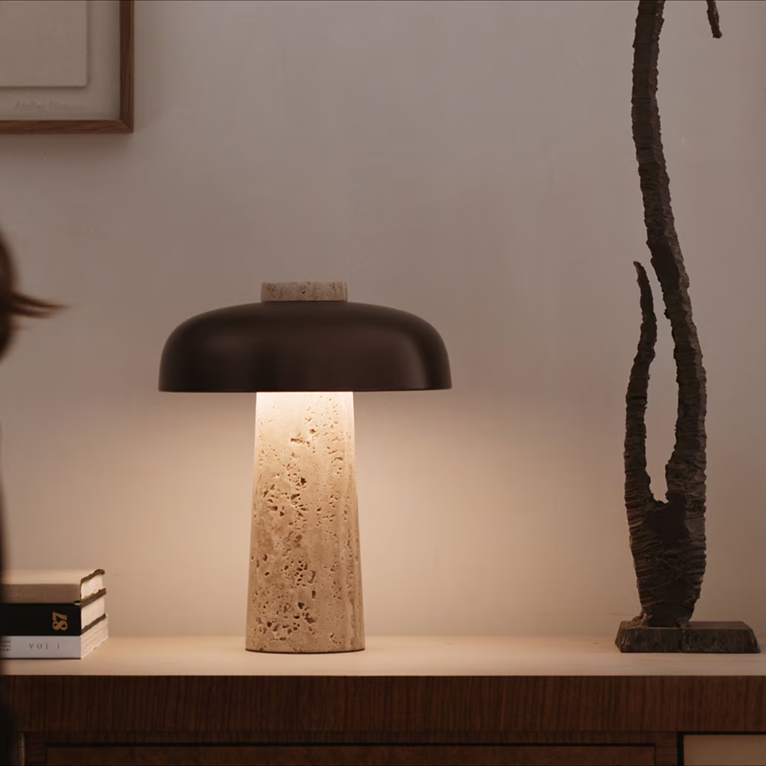 PREVENTA - Lámpara Led Negro De Piedra Travertino Mesa Y Deco