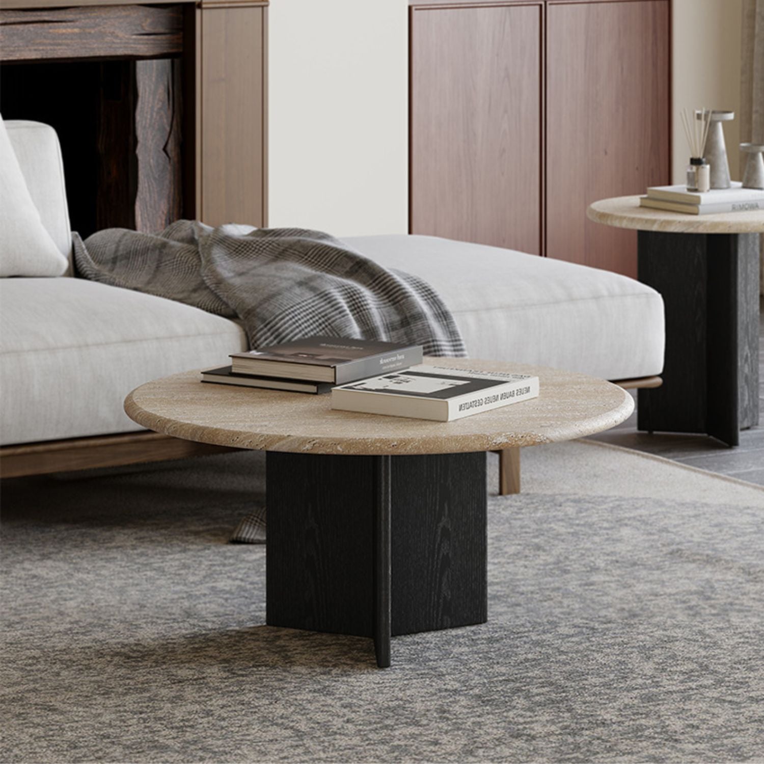 Mesa De Centro Doble Travertino Tono Wengue