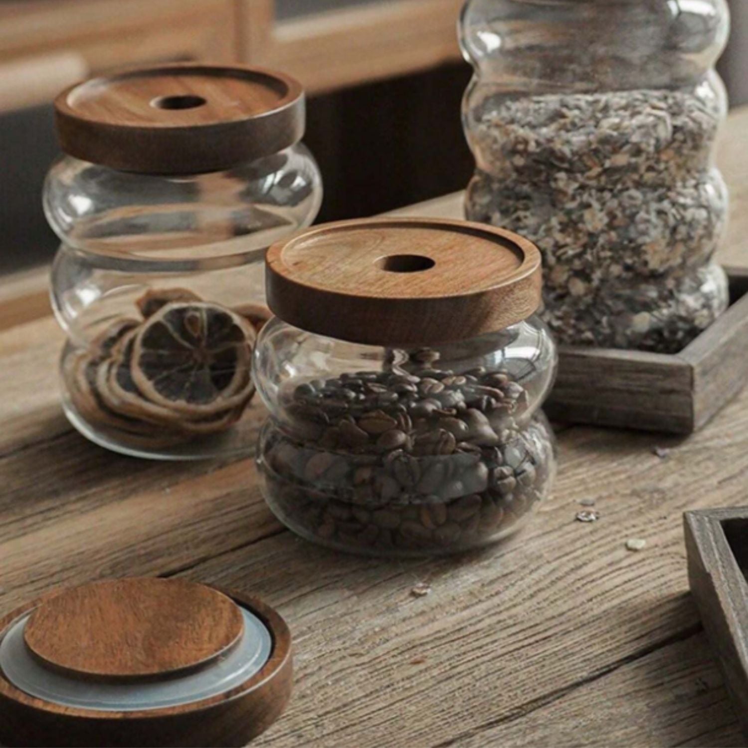 Frascos de Vidrio Tapa Madera y Ondas Set 3un
