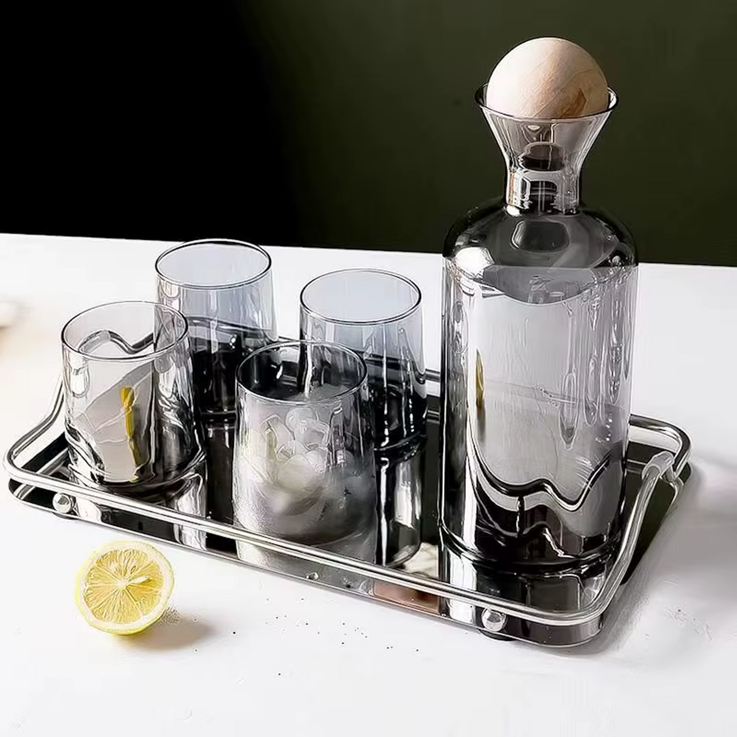 Jarra de Vidrio Decantador Lujoso 4 vasos Gris