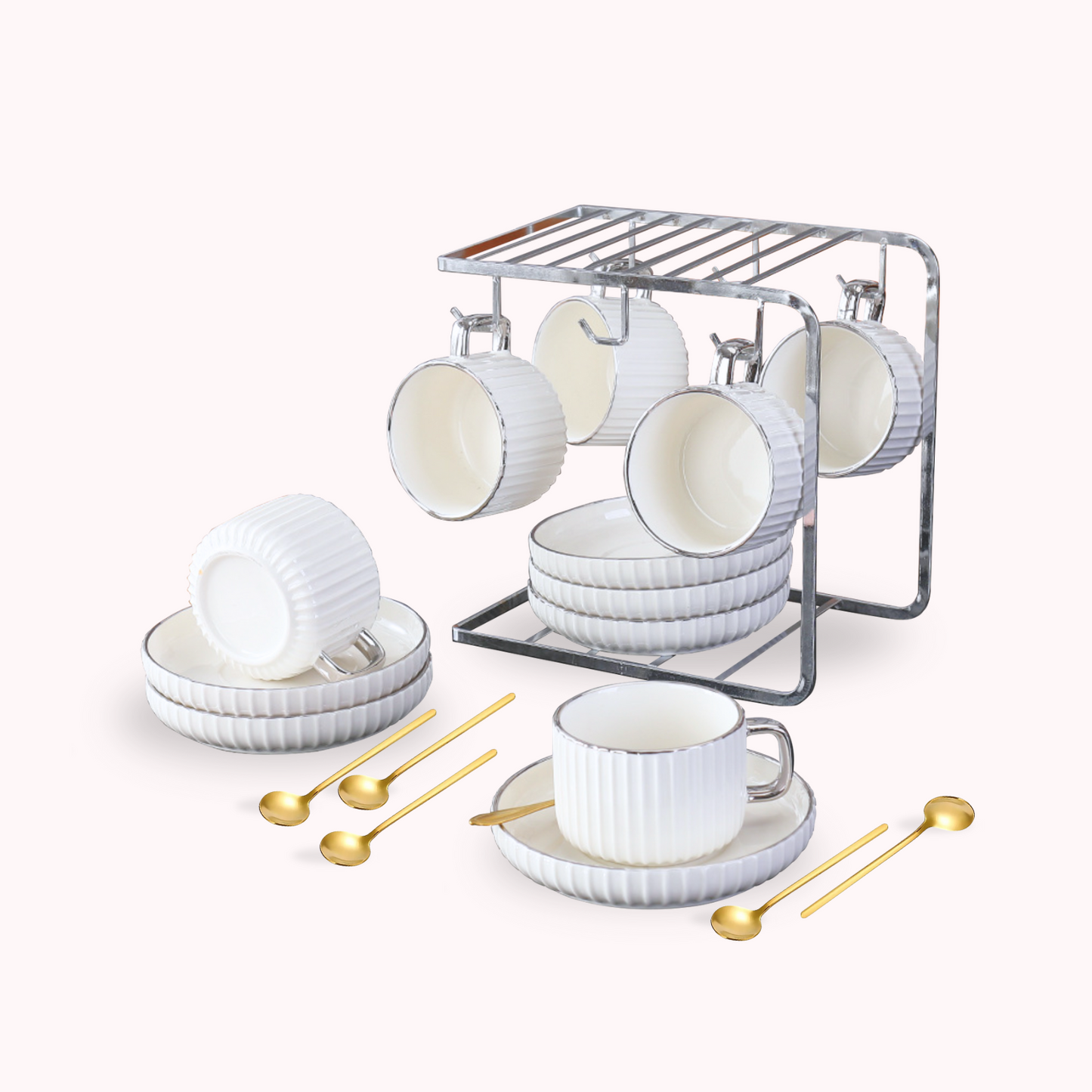 Set Café Tazas y Platos 230ml Lineas Plateado 6un