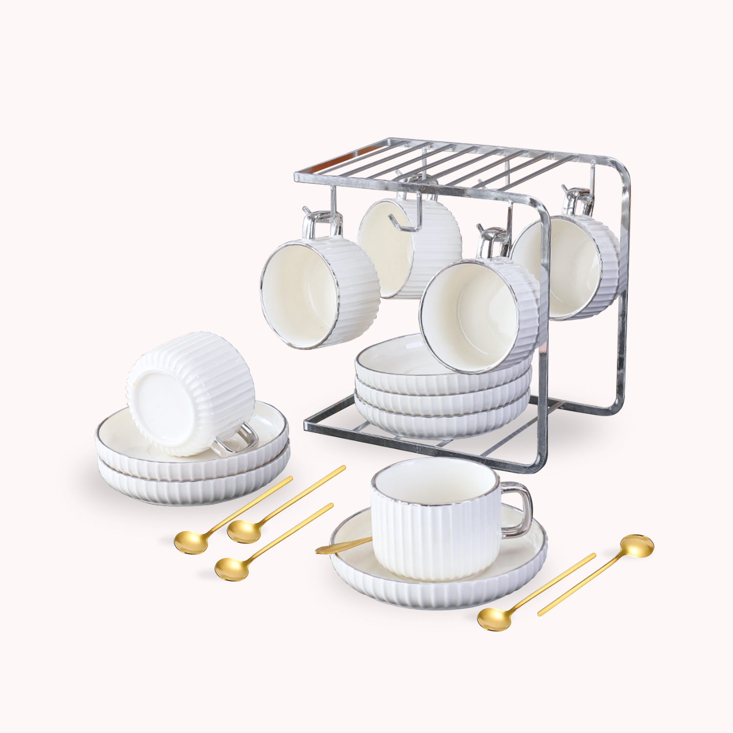 Juego De Té Café Set De Tazas Y Platos Con Soporte Plateado Blanco