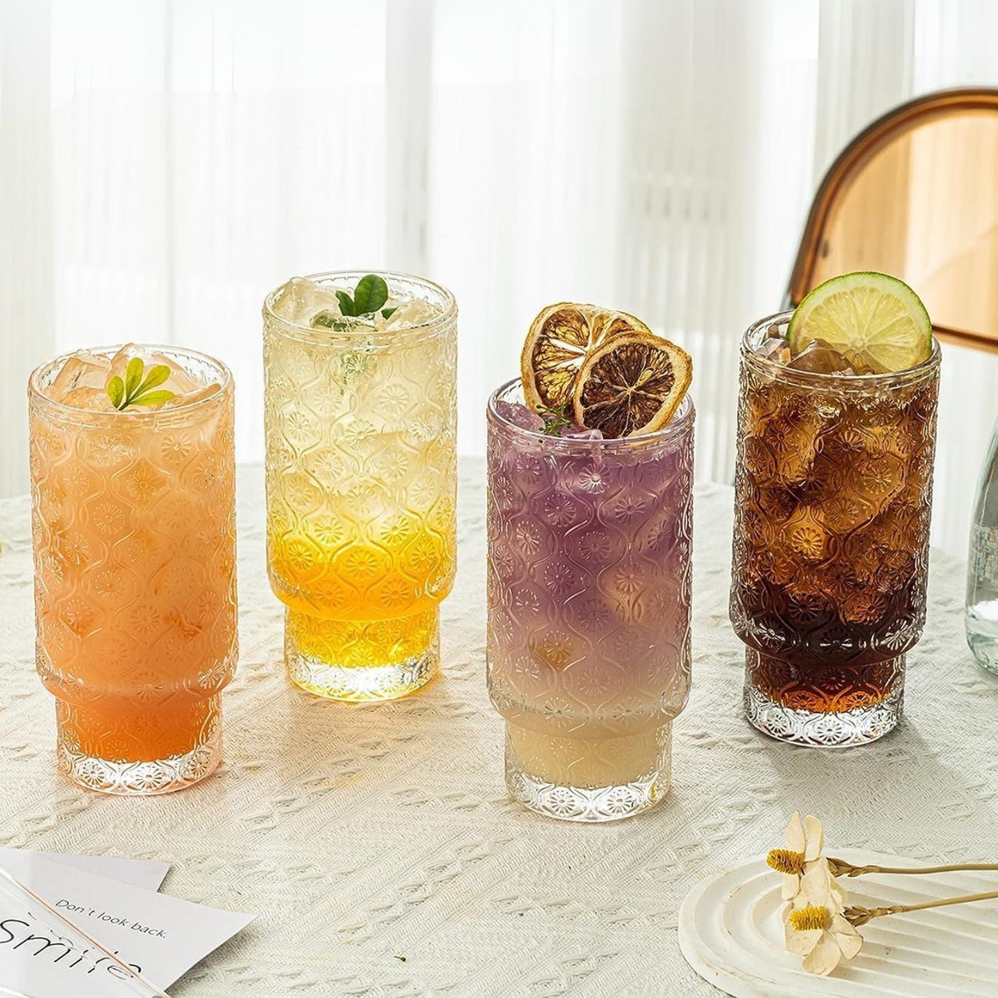 Set de 4 Vasos de vidrio Flor Begonia de 280 ml.