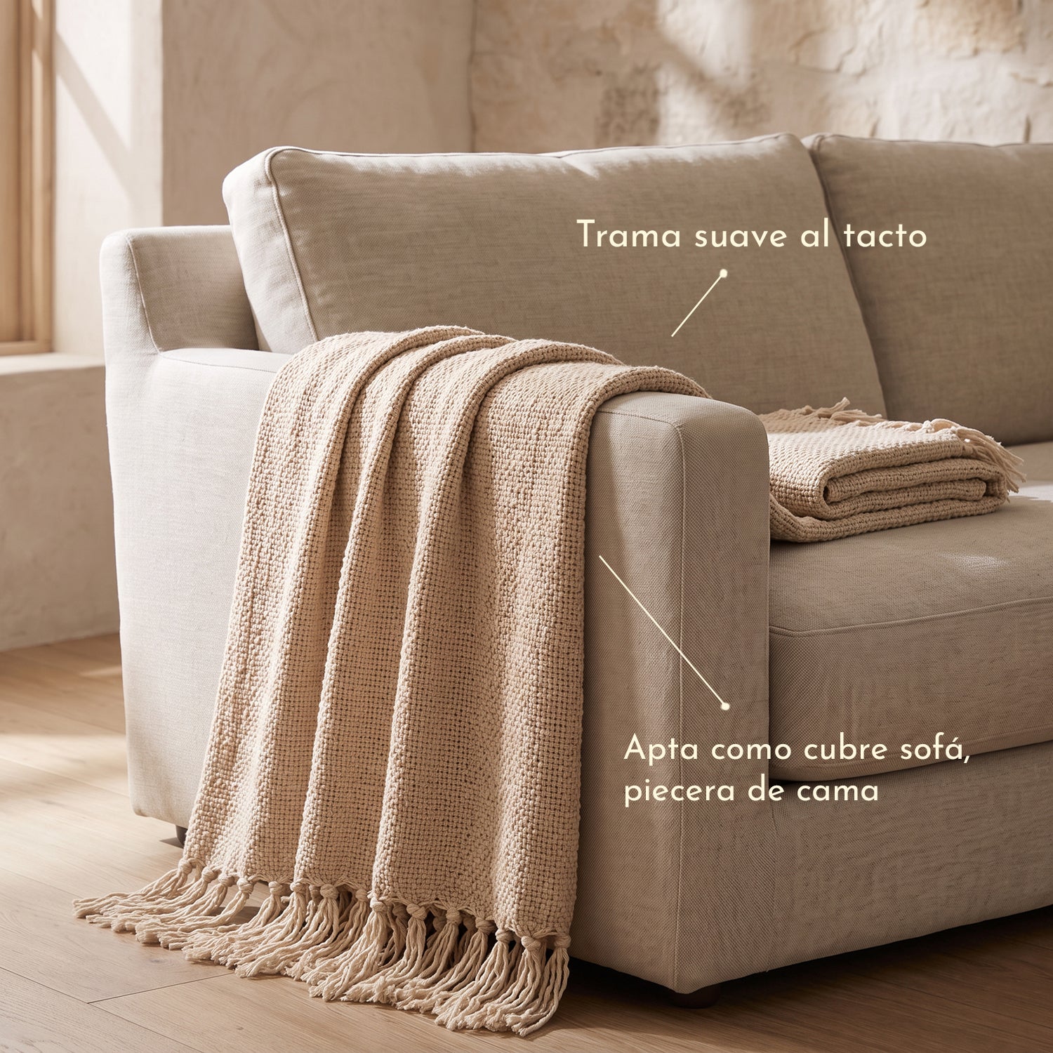 PREVENTA - Manta Decorativa Lana Tono Crudo con Flecos