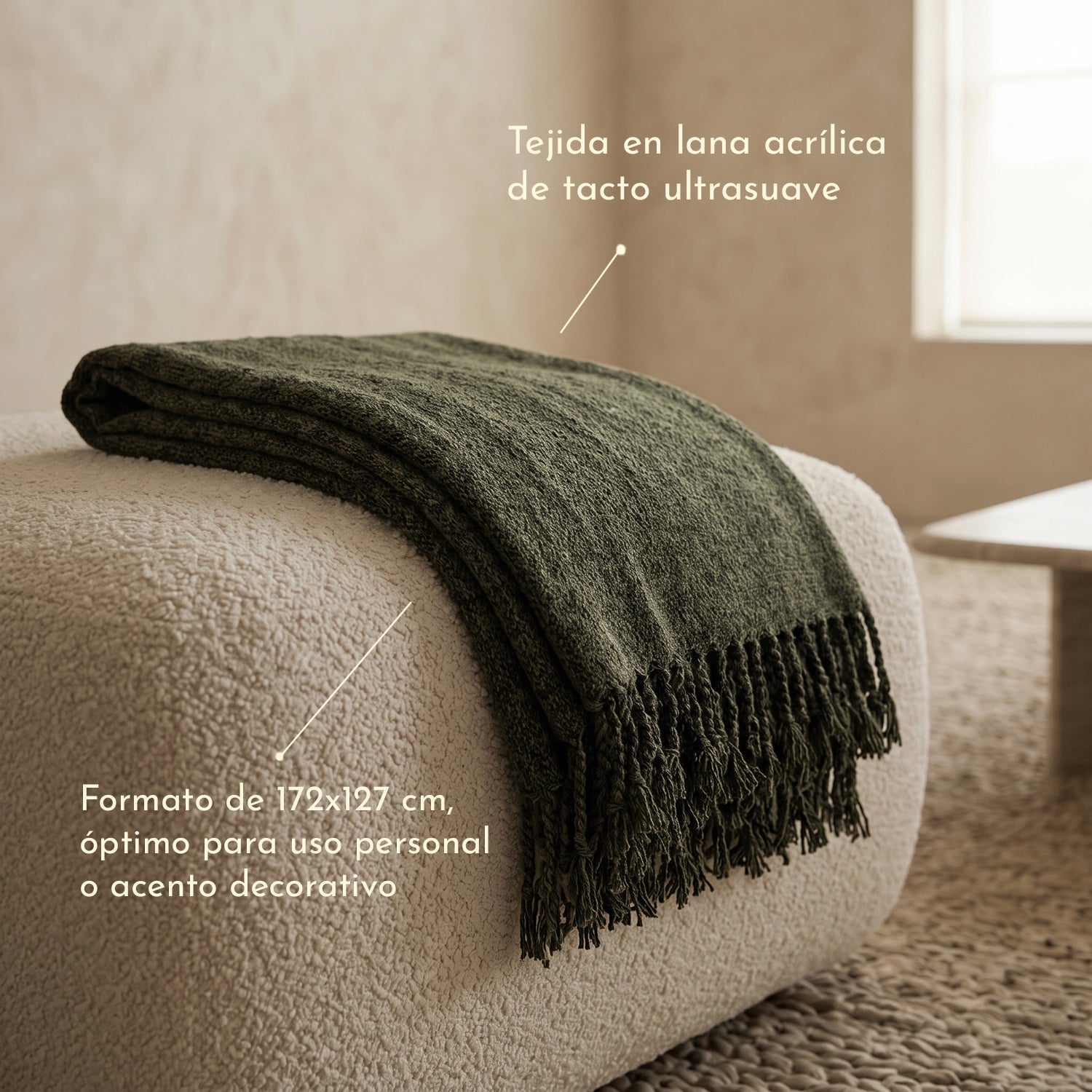PREVENTA - Manta Decorativa Tono Verde con Flecos