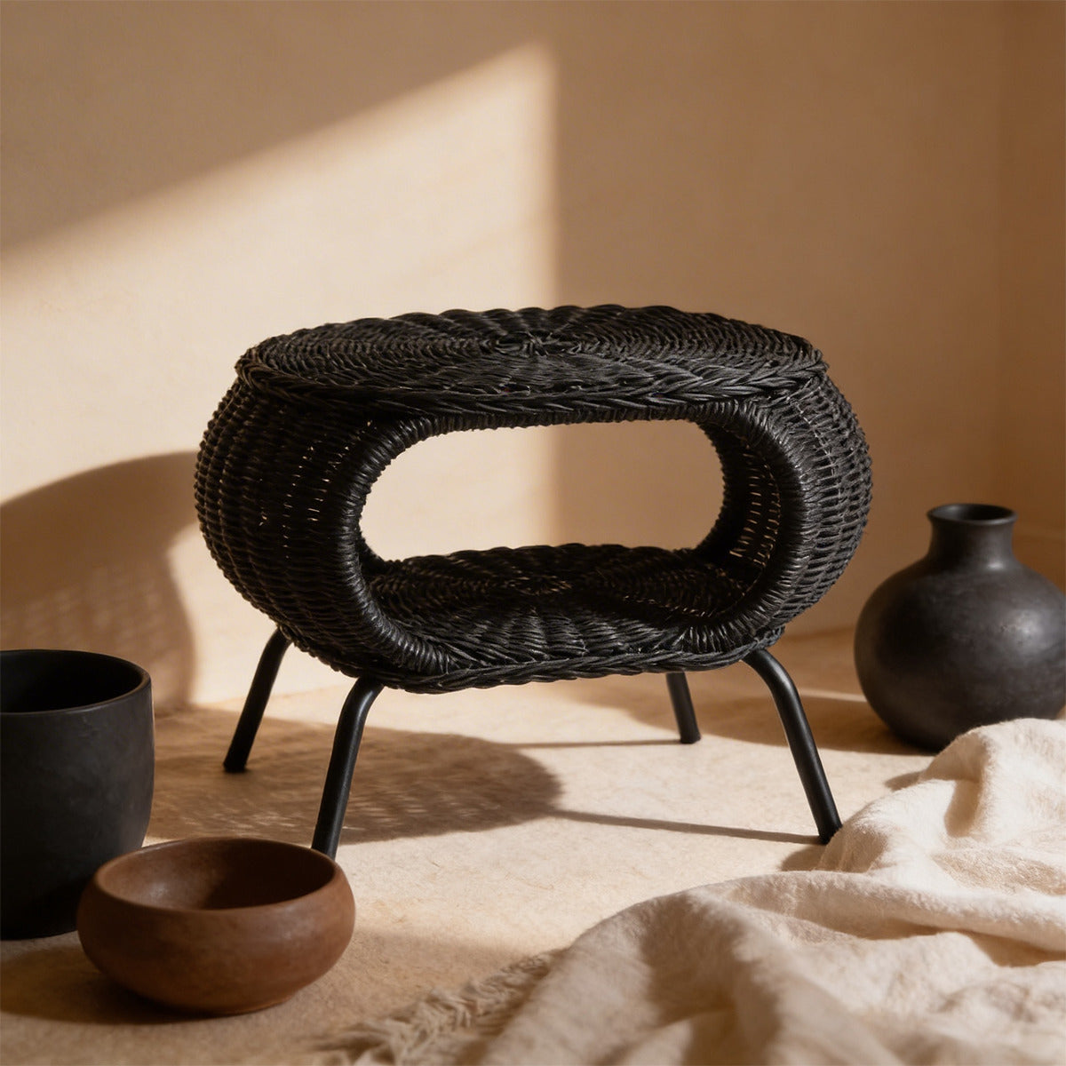 PREVENTA - Mesa Otomana Apoyapies Rattan Minimalista Negra