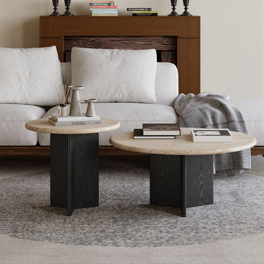Mesa De Centro Doble Travertino Tono Wengue