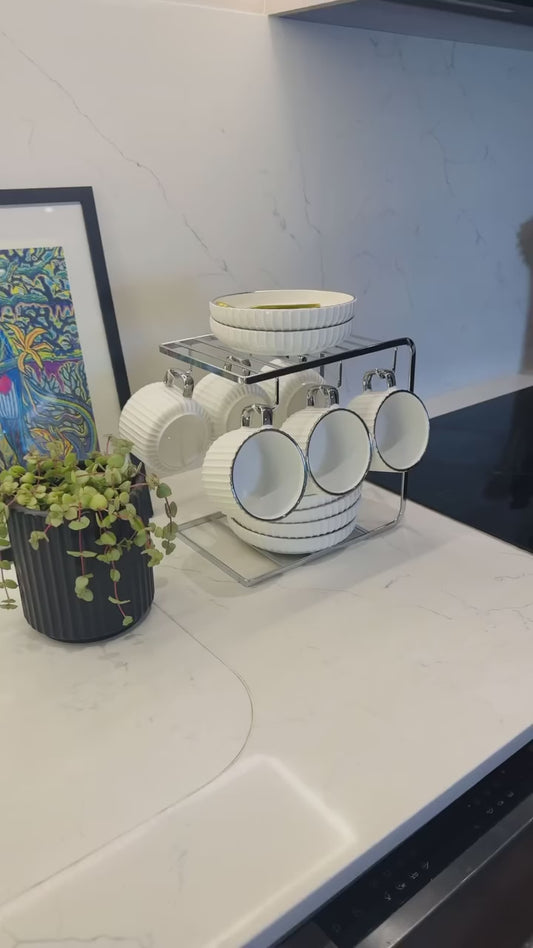 Set Café Tazas y Platos 230ml Lineas Plateado 6un