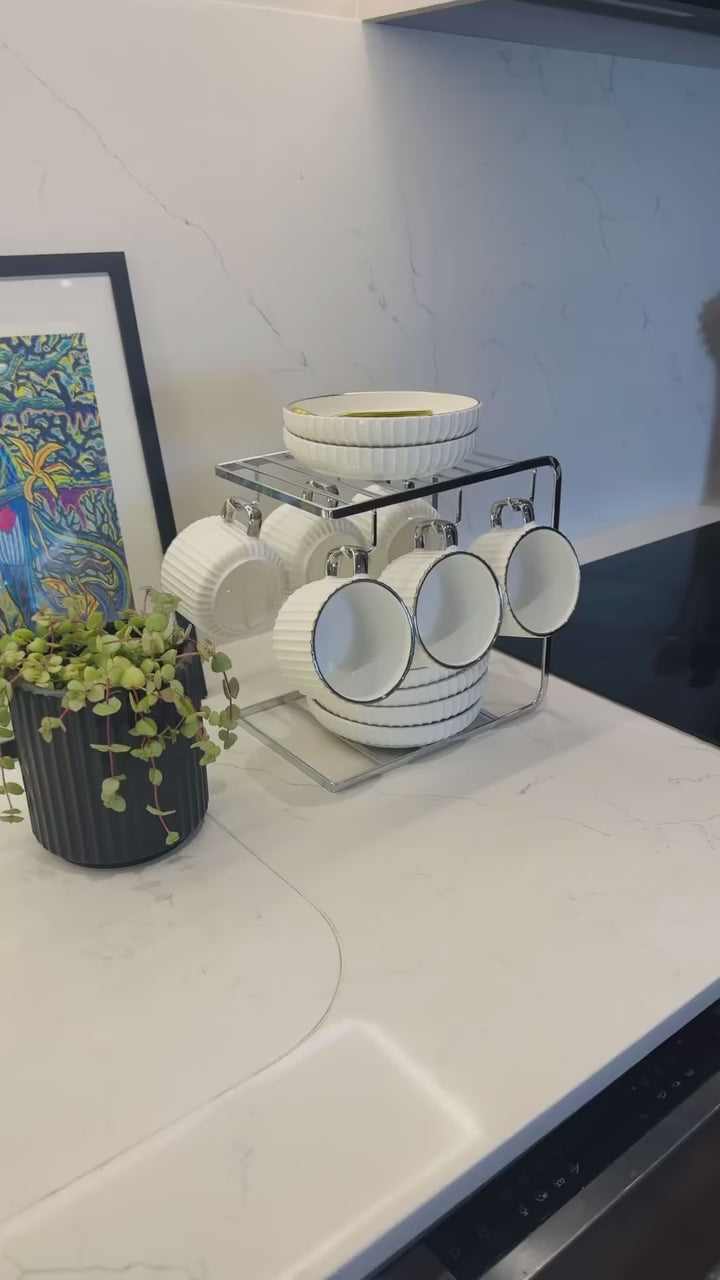 Cargar vídeo: Juego De Té Café Set De Tazas Y Platos Con Soporte Plateado Blanco