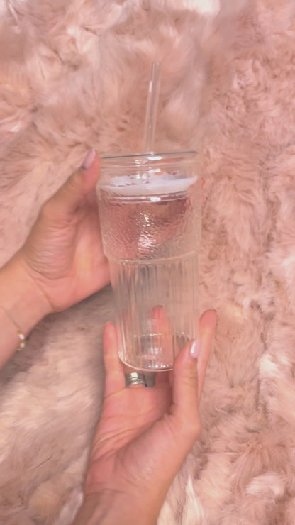 Set 2 Vasos Vidrio con Bombilla y Tapa Perlado 500ml