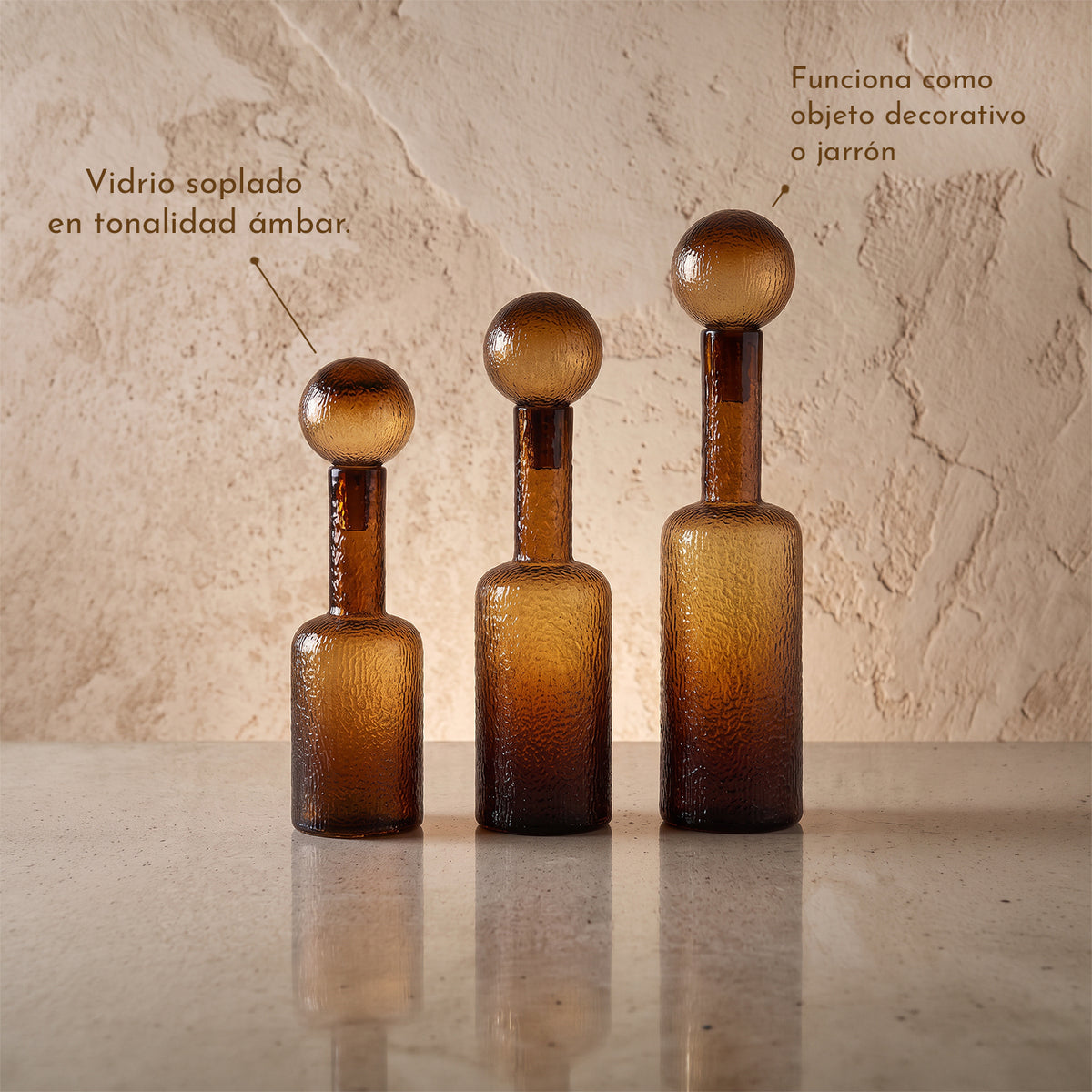 Set de Botellas Decorativas Vidrio Ámbar (45,50 & 56)